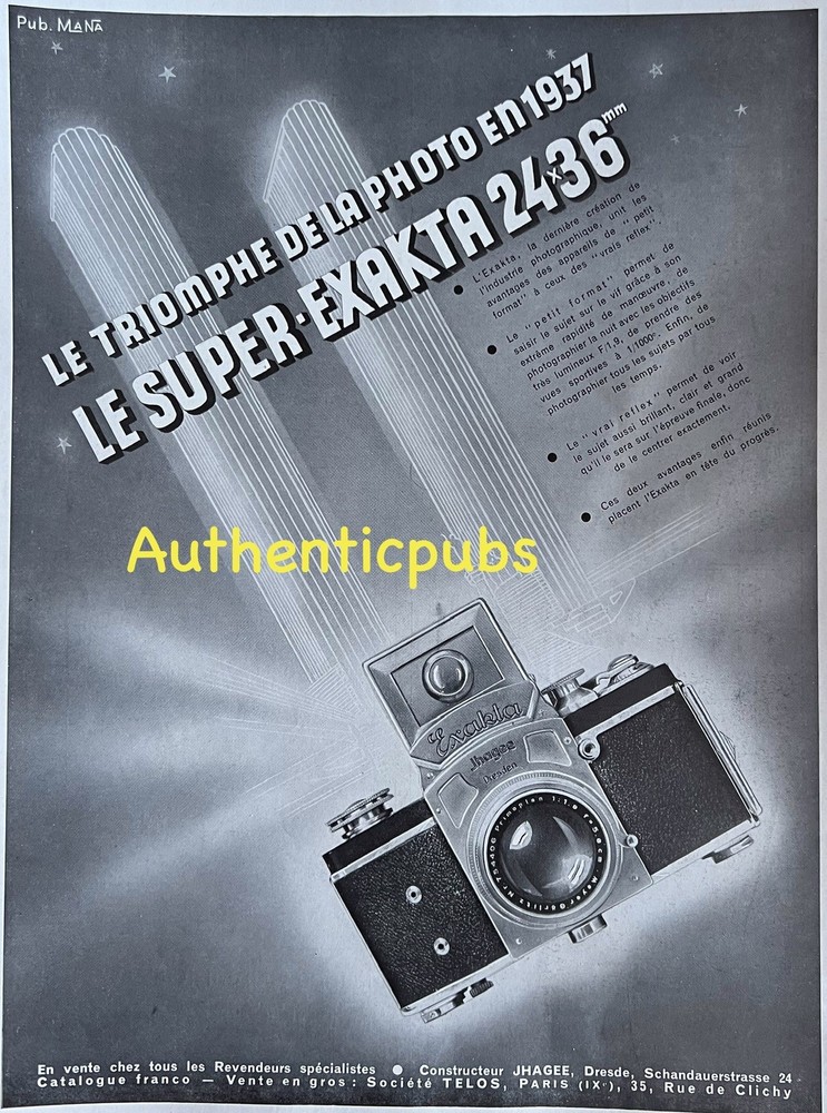 ADVERTISEMENT SUPER EXAKTA SMALL FORMAT CAMERA REAL REFLEX 1937 AD PUB