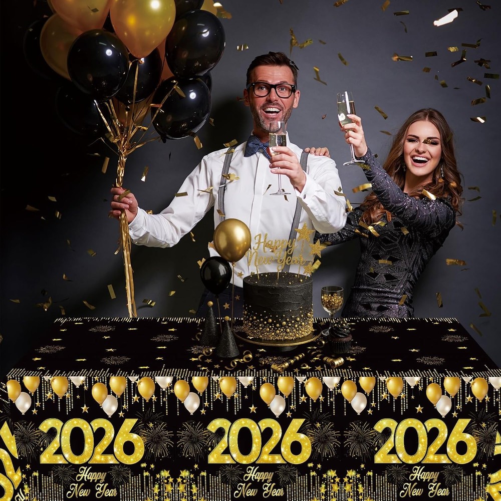 Black Gold New Years Tablecloths 3 Pack
