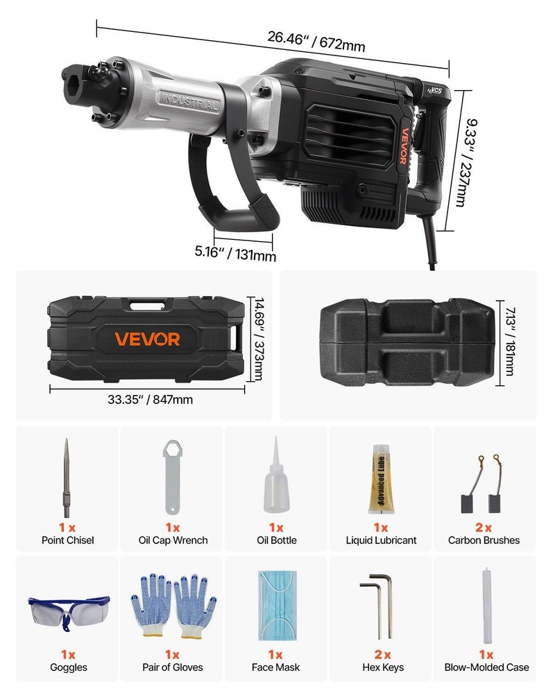 3000W 1700BPM Demolition Hammer with Grip Handle Chisel