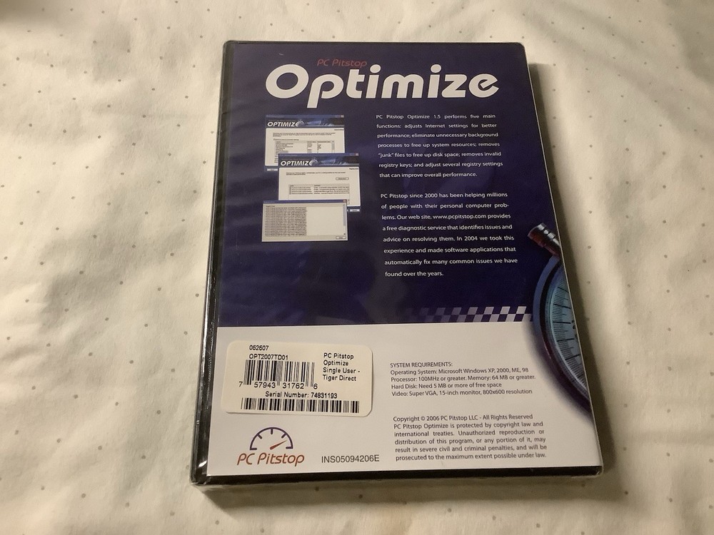 PC Pitstop: OPTIMIZE 1.5 (Software) Clean, Internet, Space, Performance, Speed +