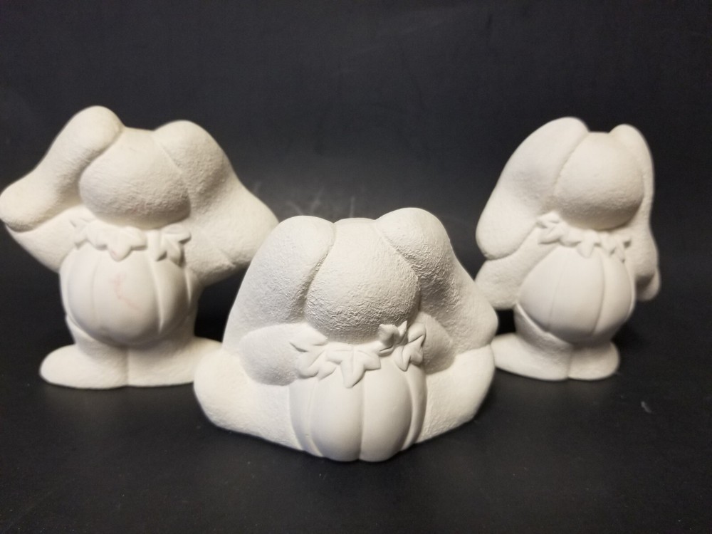 3 Unpainted ceramic Bisqueware Pumpkin Bunnies