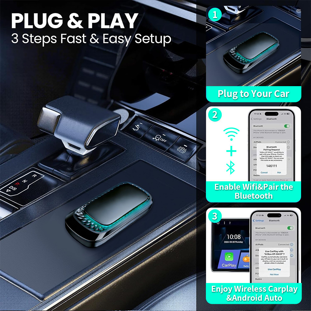 Wireless CarPlay Adapter for Apple iPhone & Android Auto USB Adapter Plug & Play