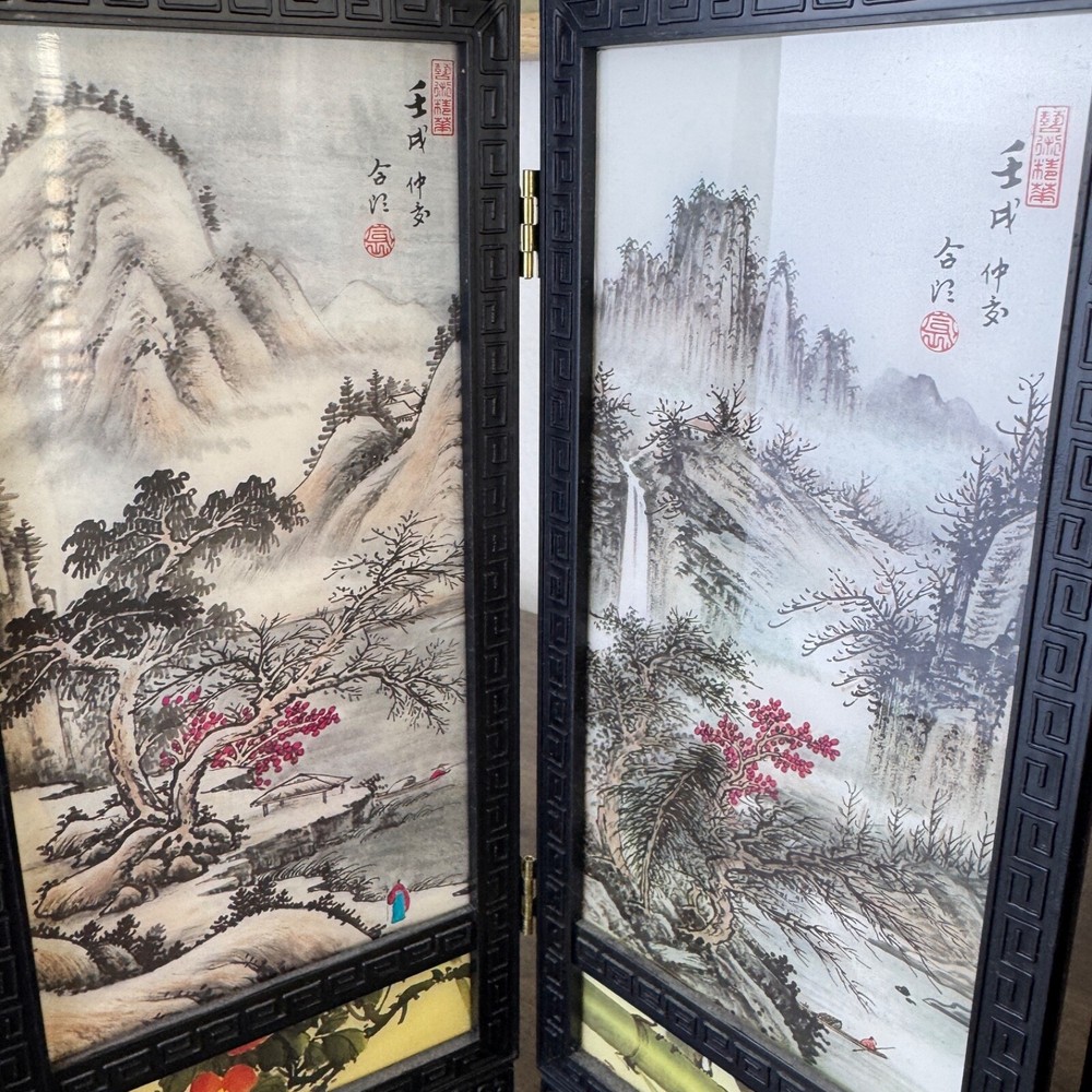 Chinese Mini Folding Screen PINGFENG 4 Panels Plastic - Both sides are different