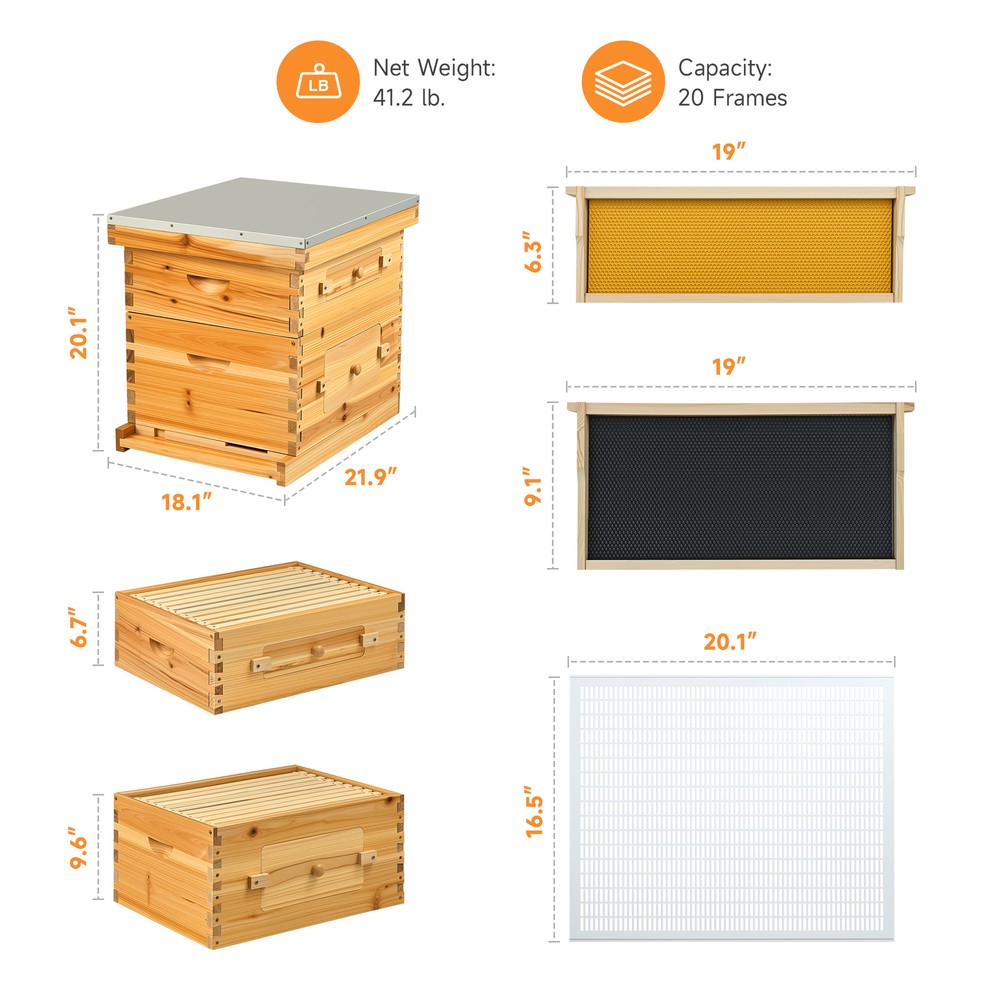 Beehive Frame BeeHive Box Kit W/ Beeswax Beekeeping 20 Frames 10 Deep+10 Medium