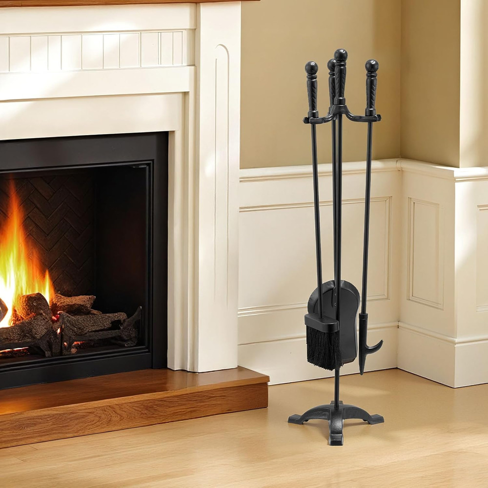 Fireplace Tool Set, 4 PCS Fire Tool Set and Holder with Three-Prong Stand, Ash S