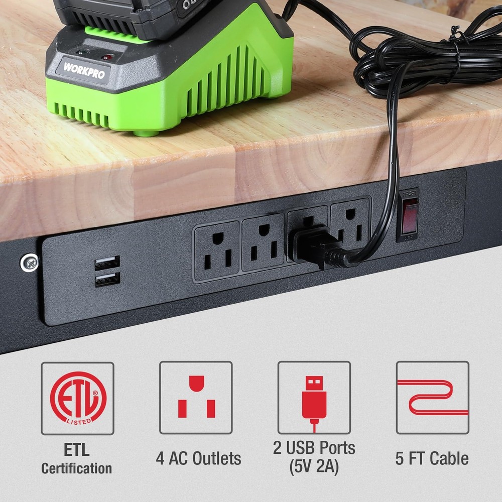 WORKPRO 72" Workbench Adjustable Garage Work Table Power Outlets 3000LBS Load