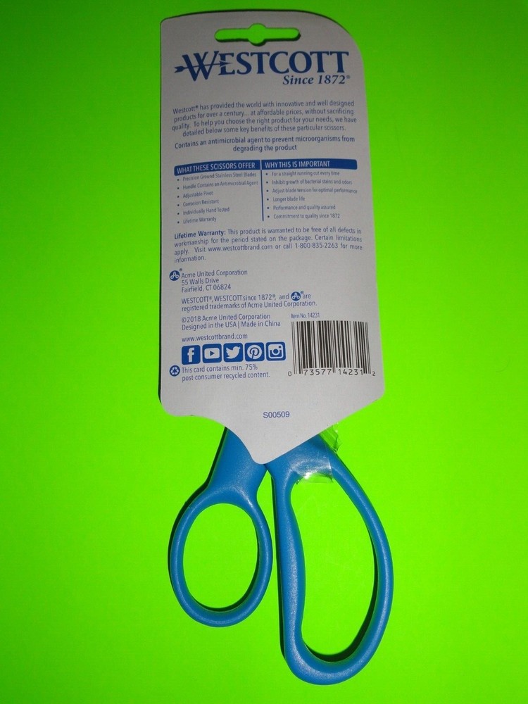 (2x) BLUE Westcott 7" Straight Handle Medium Scissors Antimicrobial Left Right