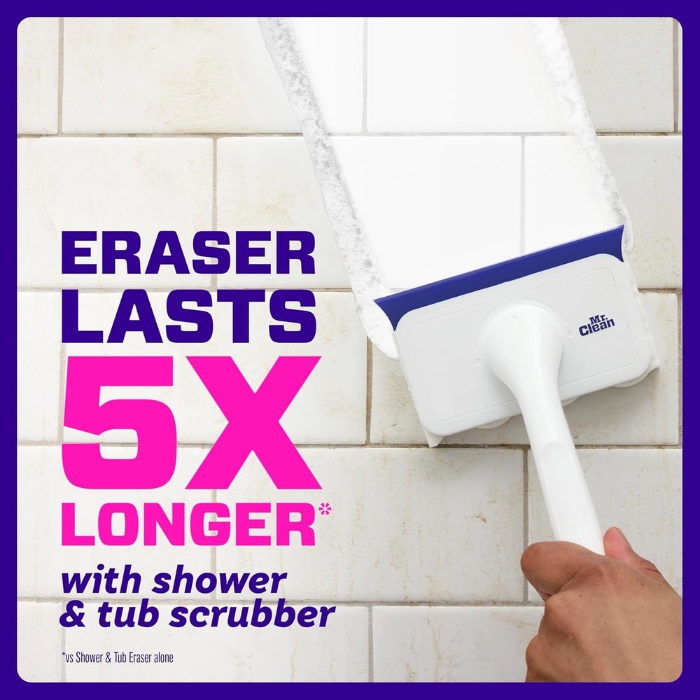 Mr. Clean Magic Eraser Shower & Tub Scrubber, 1 Device + 2 Refills, White