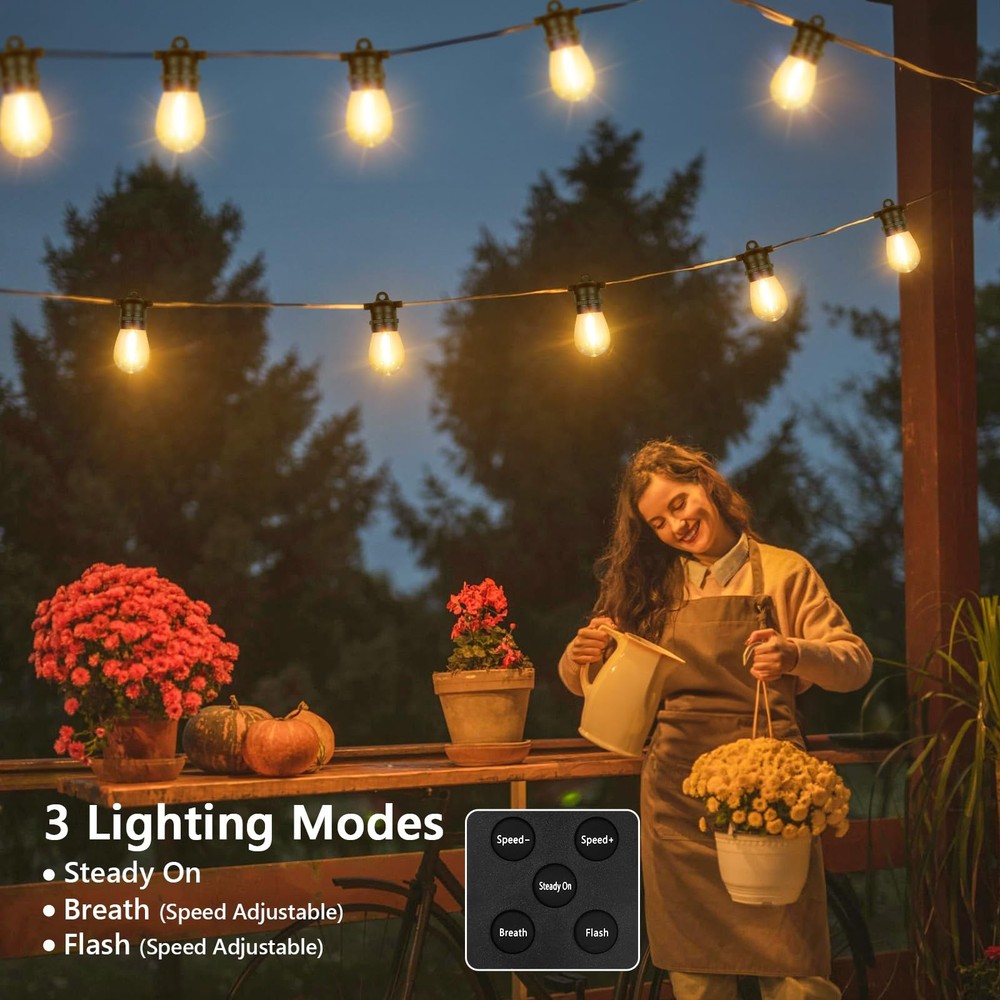 48FT S14 Solar String Lights Outdoor with Remote Controller, Solar Powered Pa...