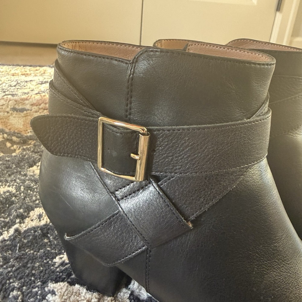 Vionic Trinity Black Leather Ankle Boots 9.5 Block Heel Buckle Booties