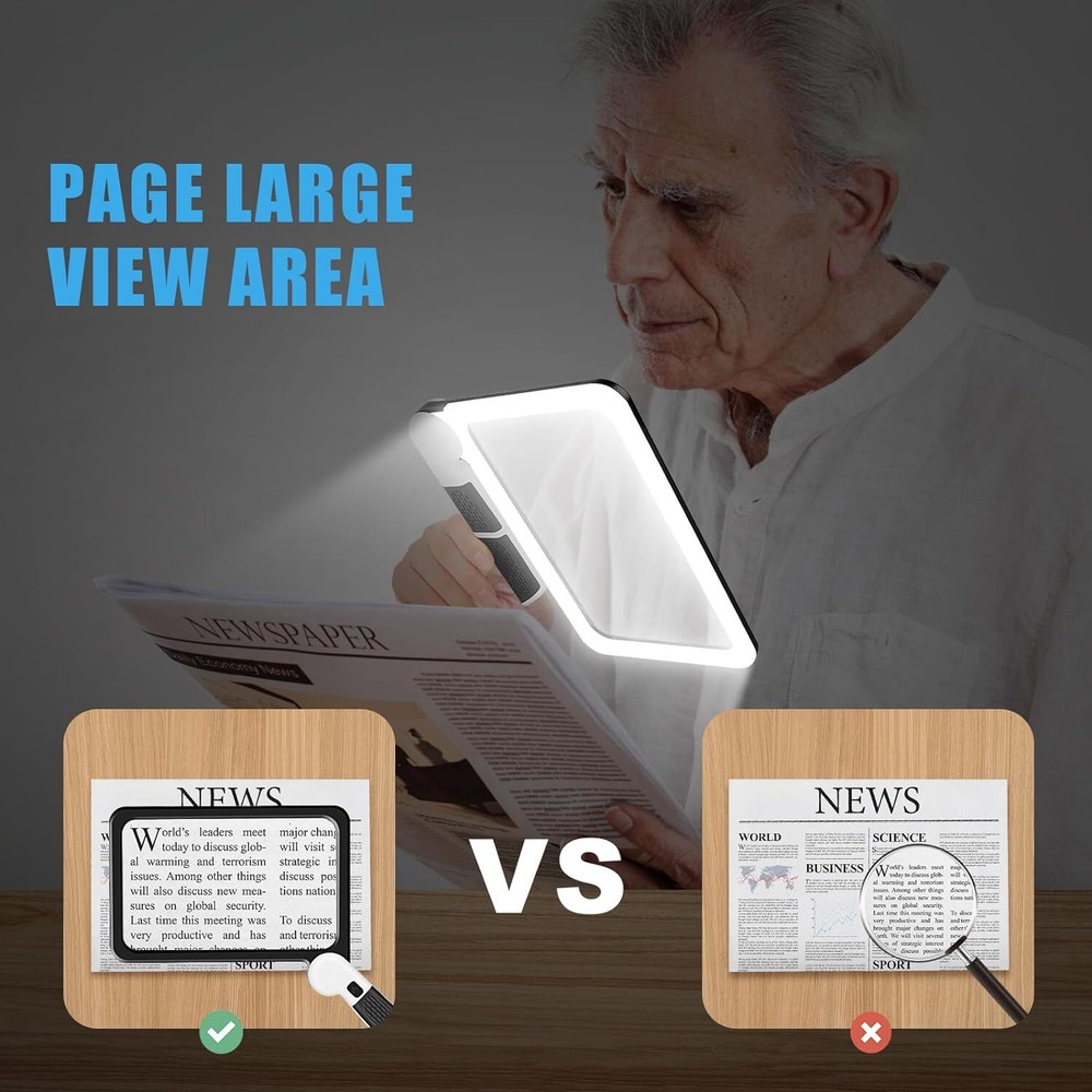 5X Magnifying Glass for Reading, Full-Page Large Rectangle Lighted Magnifier