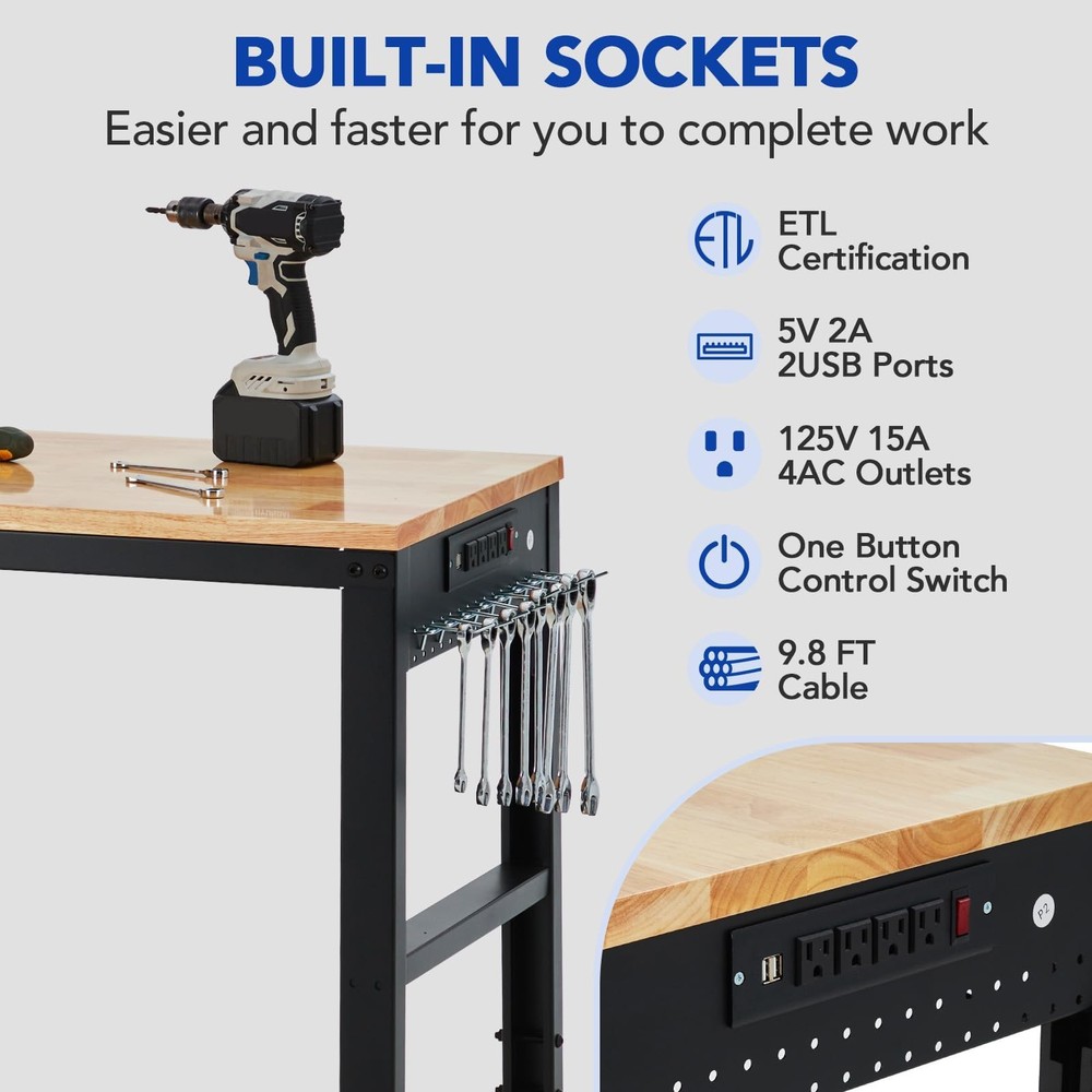 2000 lbs Capacity Height Adjustable Workbench 60"x20" for Home Office Workshop