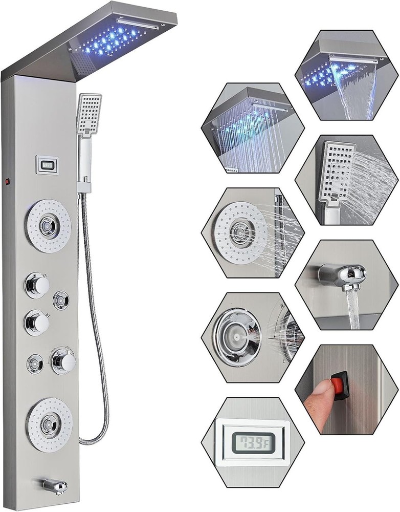 Stainless Steel 6-Function Shower Tower with Handheld & Temperature Display