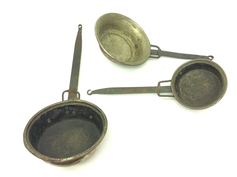 Set Three Forged Handle Iron Copperware Old Cookware Skillets Pans