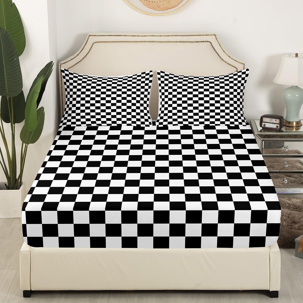 Geometric Checkerboard Patchwork Fitted Twin Size,Abstract Plaids Grids Chess...
