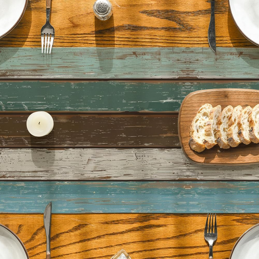 Green Retro Rustic Wood Texture Table Runner, Seasonal Spring Kitchen Dining Tab