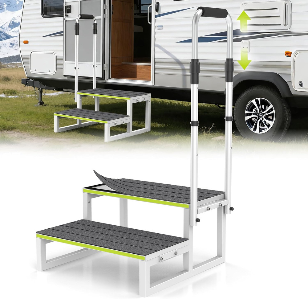RV Step Stool with Handrail, 2 Step Stool with 1 Handrail, Wide Platform & Anti-