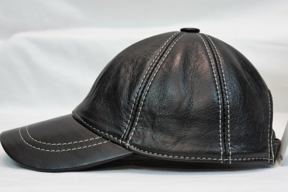Black 100% Genuine Real Lambskin Leather Baseball Cap Hat Visor WHITE THREAD NWT