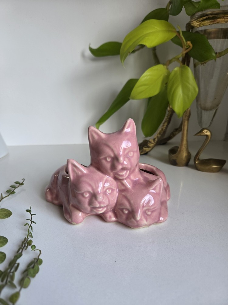 Vintage Ceramic Pink Triple Three Cat Planter