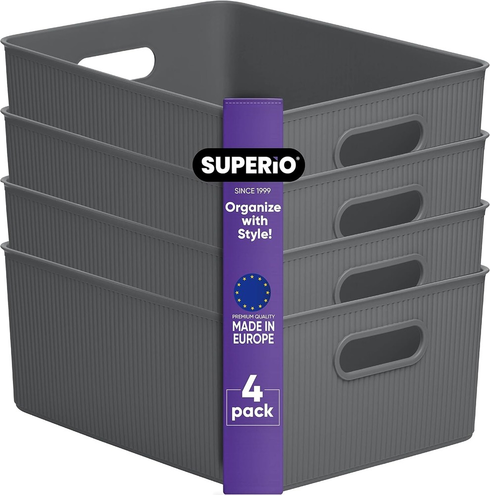 Superio 15L Medium Ribbed Storage Bin- Plastic Storage Bin  (4 Pack, Grey)