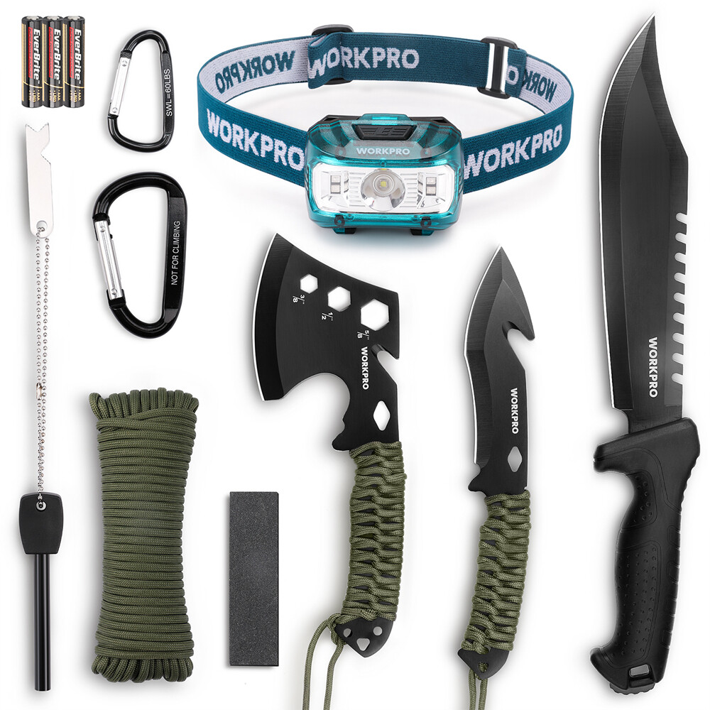 WORKPRO Camping Hatchet & Machete with Sheath Camping Tool Sets Fixed Blade NEW