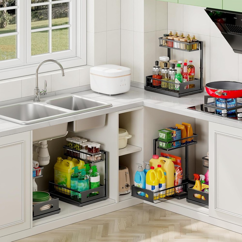 Under Sink Organizer 2 Pack Cabinet Organizer Kitchen Height Adjustable Pull Out