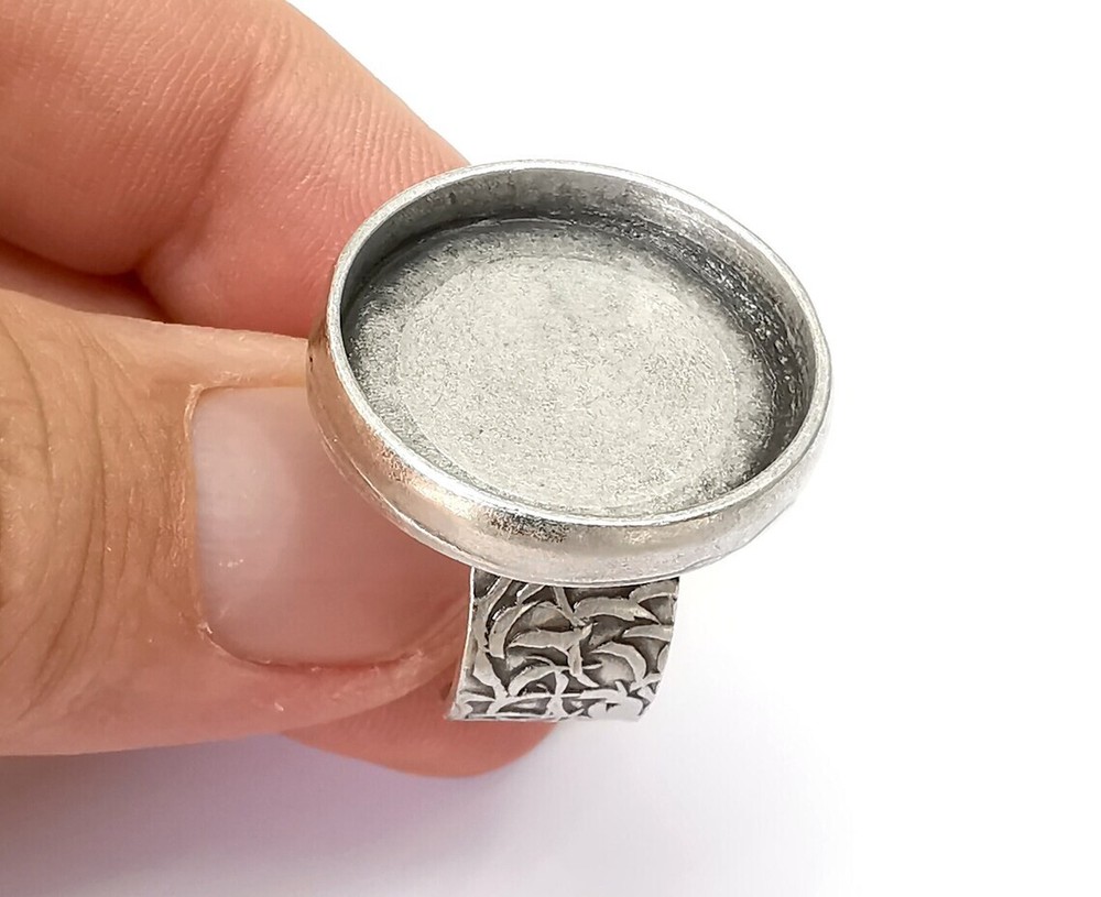 Round Antique Silver Ring Blank Setting, Cabochon Mounting Adjustable Resin Ring