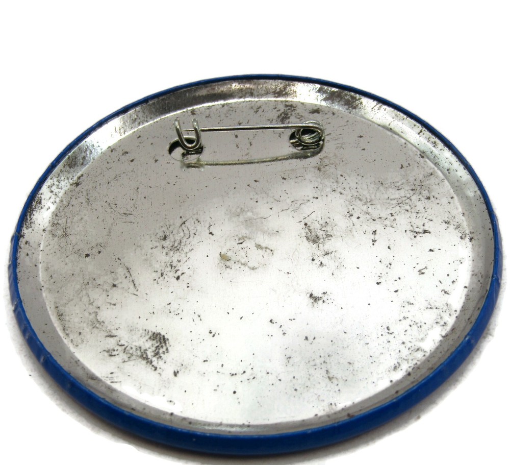 Vintage "Keep Em Running" Slogan Pinback Button Blue White Industrial