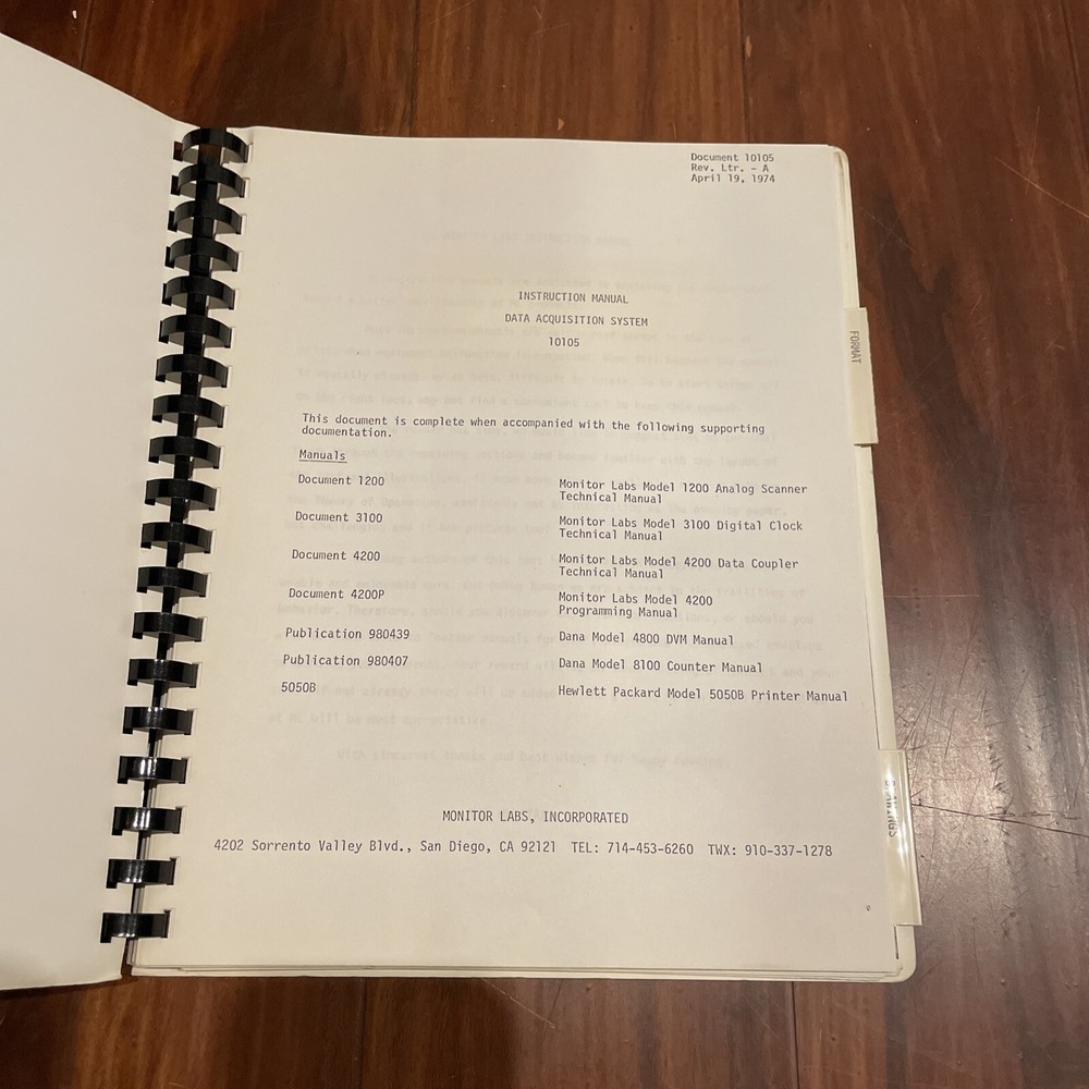 Monitor Labs 10105 Data Acquisition System Instruction Manual