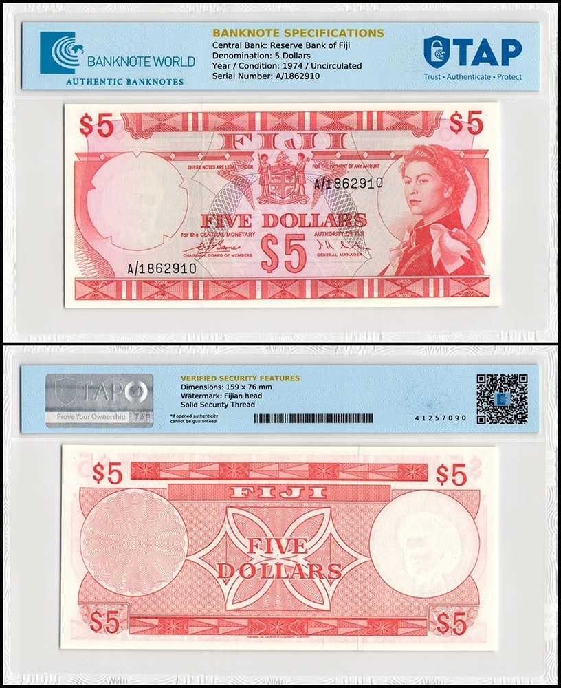 Fiji 5 Dollars, 1974 ND, P-73a, UNC, TAP Authenticated