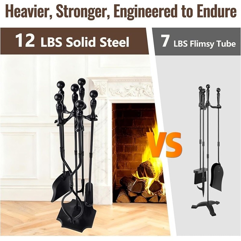Brass Fireplace Tools Set 5 Piece Heavy Duty Ergonomic Fire Pit Accessories New