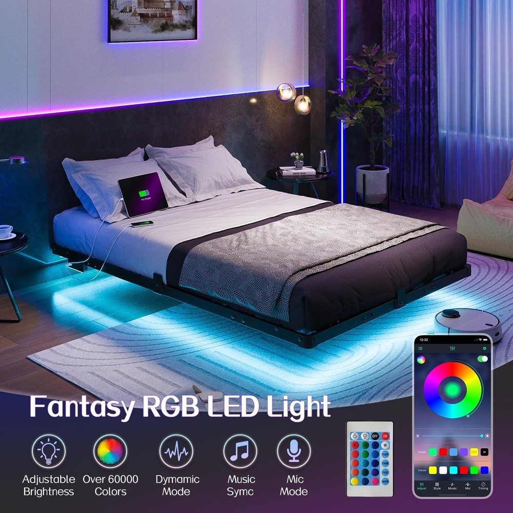Full Size Modern Floating Bed Frame with Smart LED Lights, USB Charging Stati...