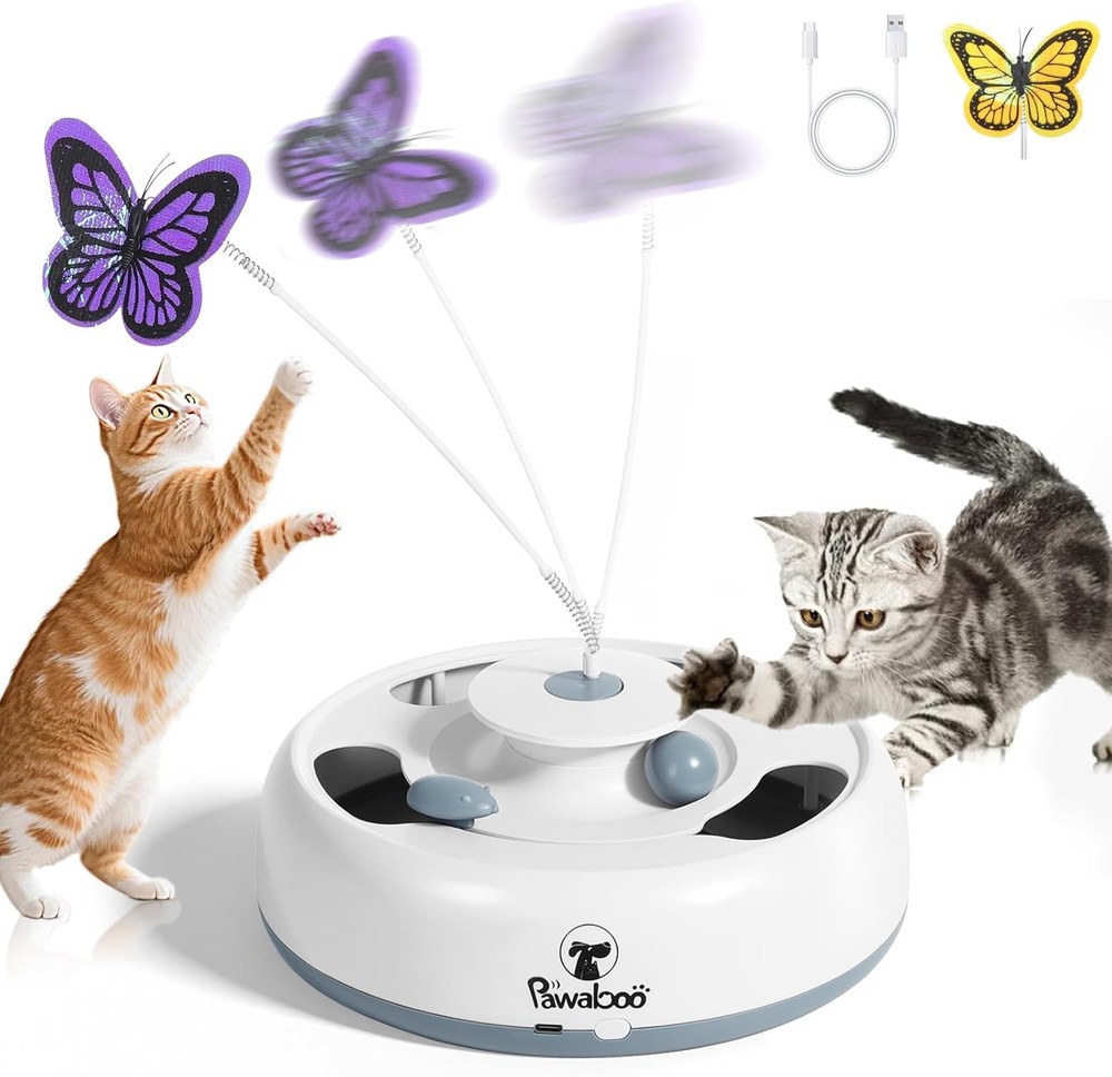 Pawaboo 3-in-1 Automatic Interactive Cat Toy, Electronic Motion White+Gray