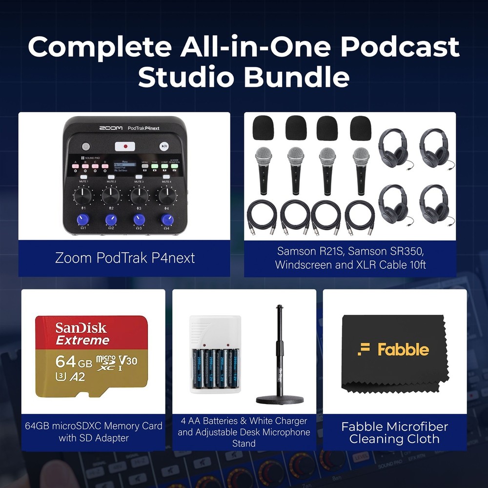 Zoom PodTrak P4next Portable Multitrack Podcast Recorder Bundle