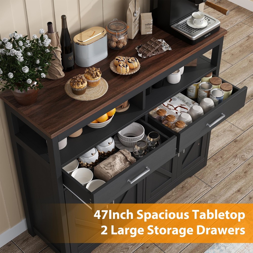 Buffet Sideboard with Storage Farmhouse with 4 Doors, 47'' Large Kitchen Stor...