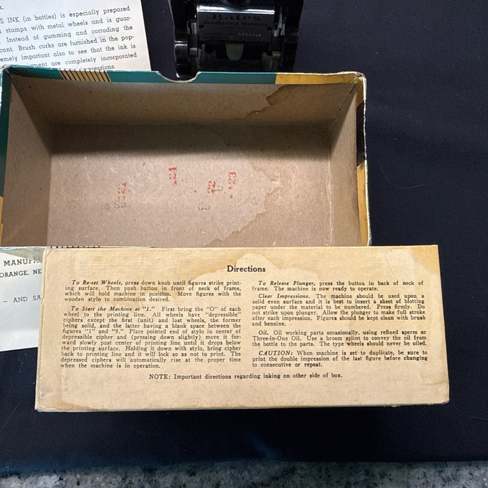 Vintage Bates Automatic Numbering Machine Stamp W/Box. 6 Wheels
