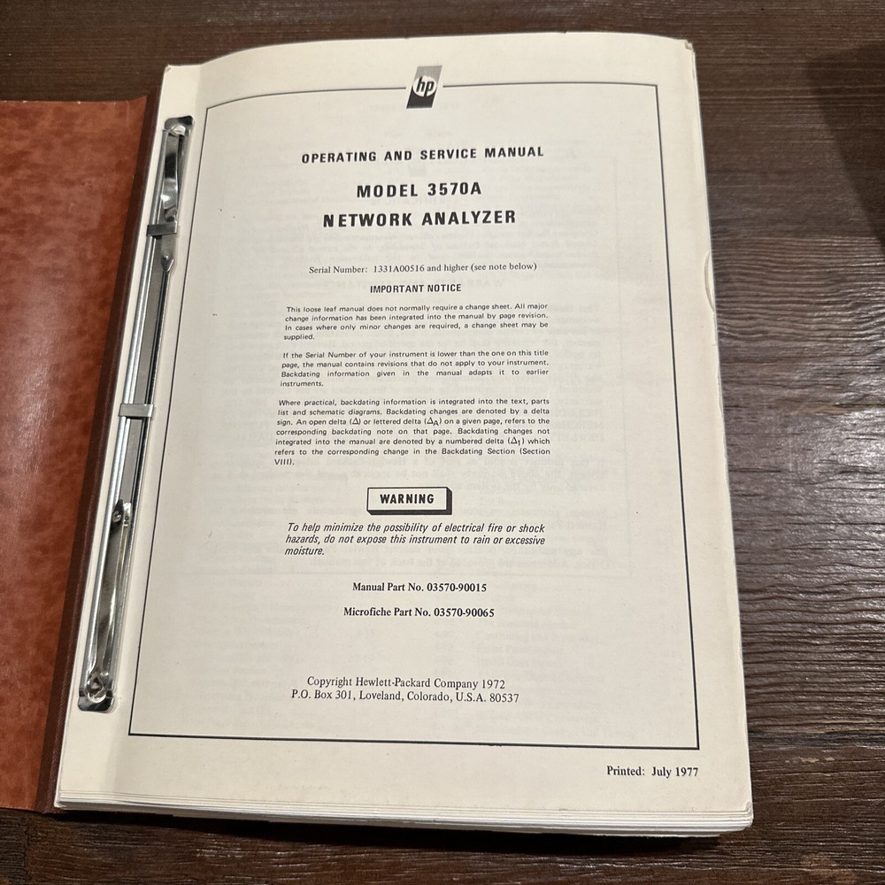 HP 3570A Network Analyzer Operating & Service Manual 03570-90015