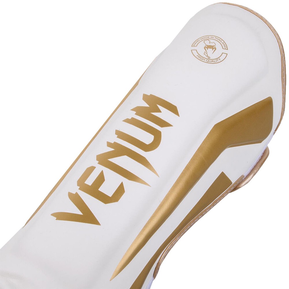 Venum Elite Lightweight Hook and Loop Shin Guards - White/Gold