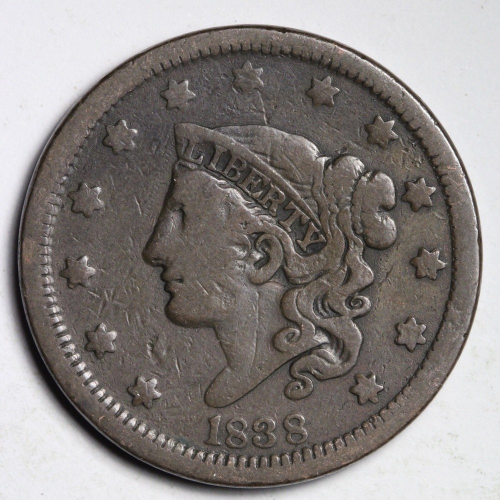 1838 Coronet Head Large Cent CHOICE FINE+ E213 UCH