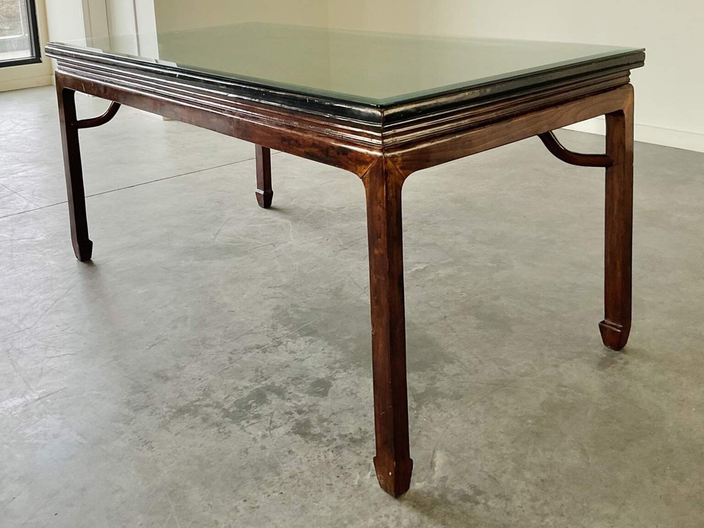 Antique Wood Dinning Table With Beveled Glass Tabletop
