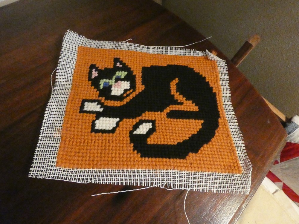 Black Cat Needlepoint Panel Hand Sewn