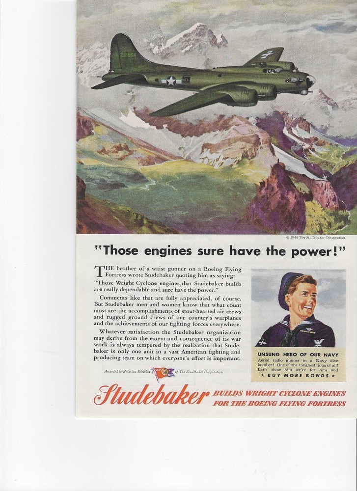 1944 Studebaker WW II vintage print ad with Studebaker powered Flying Fortress