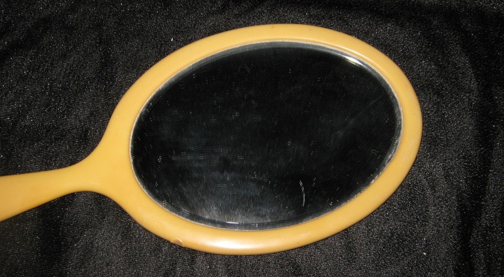 Vintage Celluloid Bakelite Handheld Oval Double sided Vanity Mirror long handle