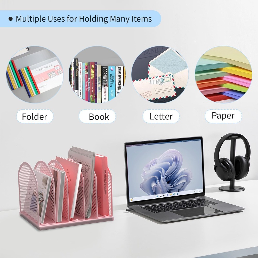 5-Section Vertical Desktop Organizer, 5-Section Mesh File Folder Stand Sorter...