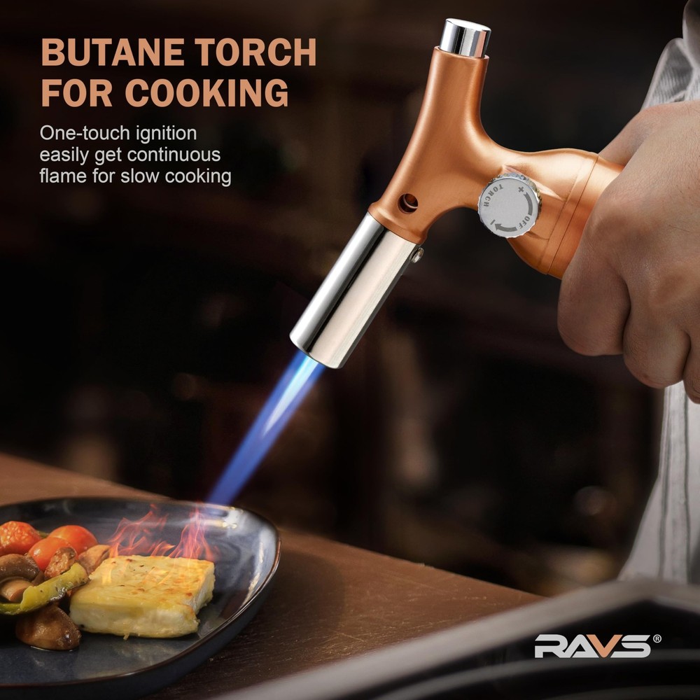 RAVS Butane Torch Lighter with Solid Copper Design, Kitchen Medium, Pink