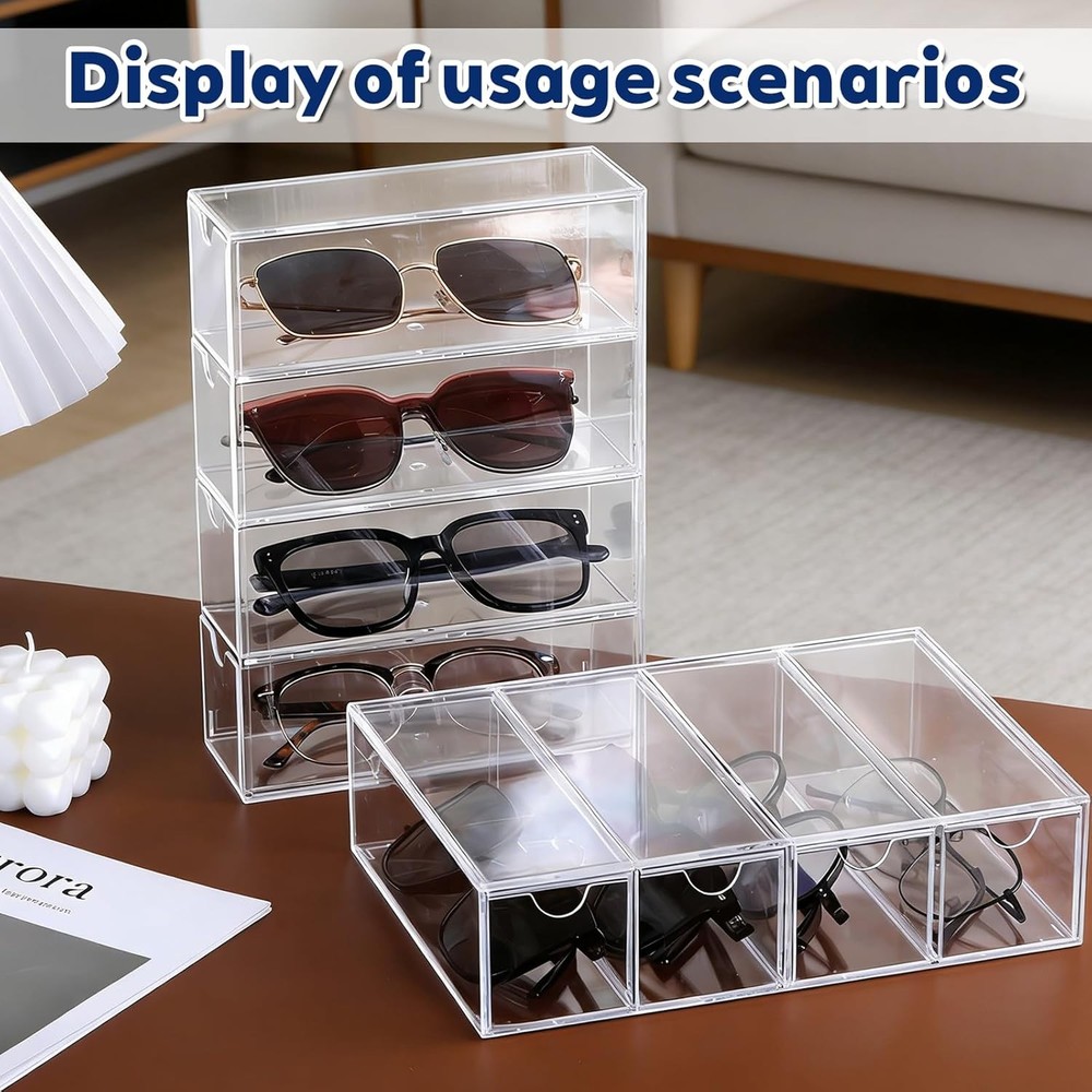 2PCS Clear Acrylic Sunglasses Organizer Plastic Stackable Eyeglass Case Storage