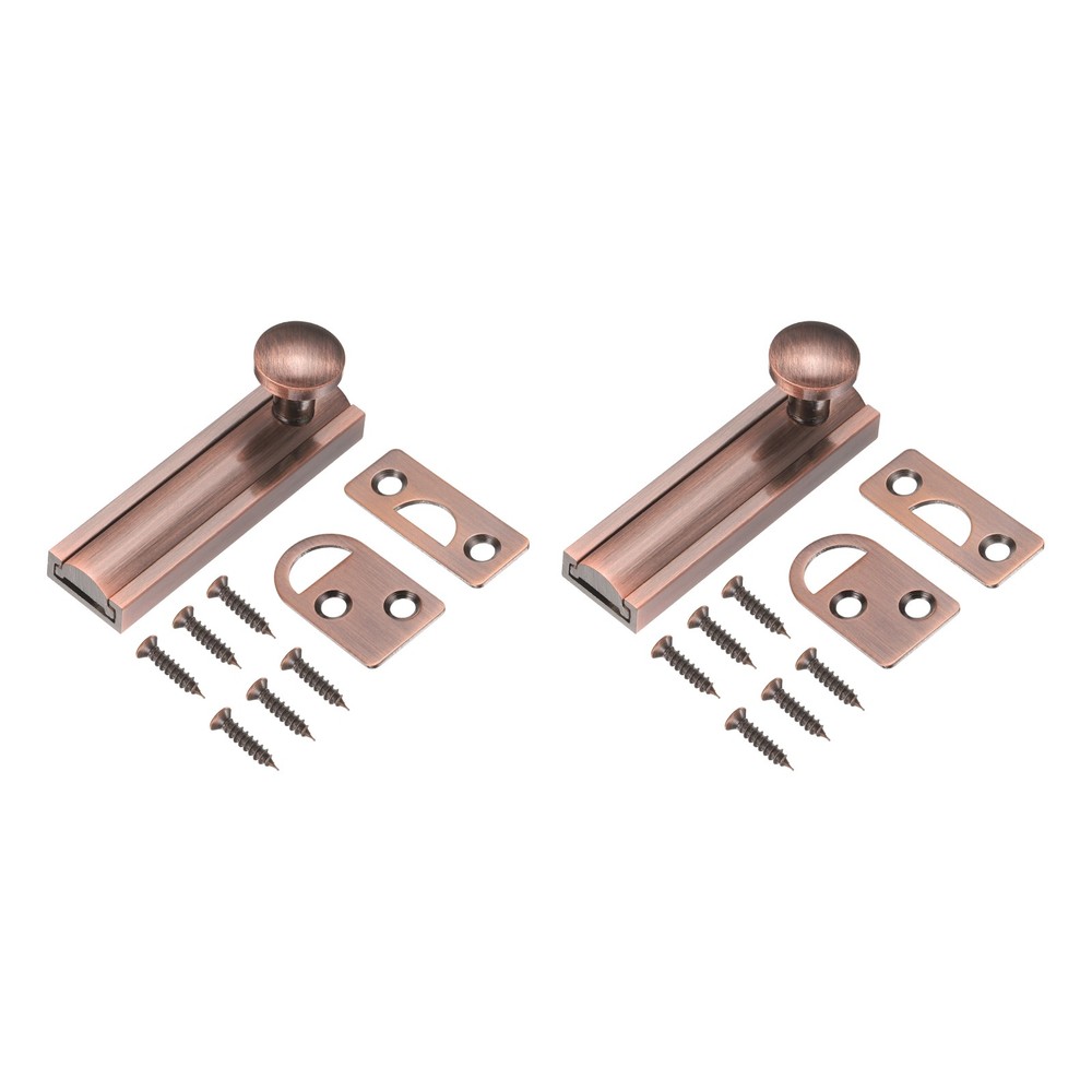 2Pcs 2" Solid Brass Surface Bolt, Brushed Slide Latch Door Lock, Red Bronze