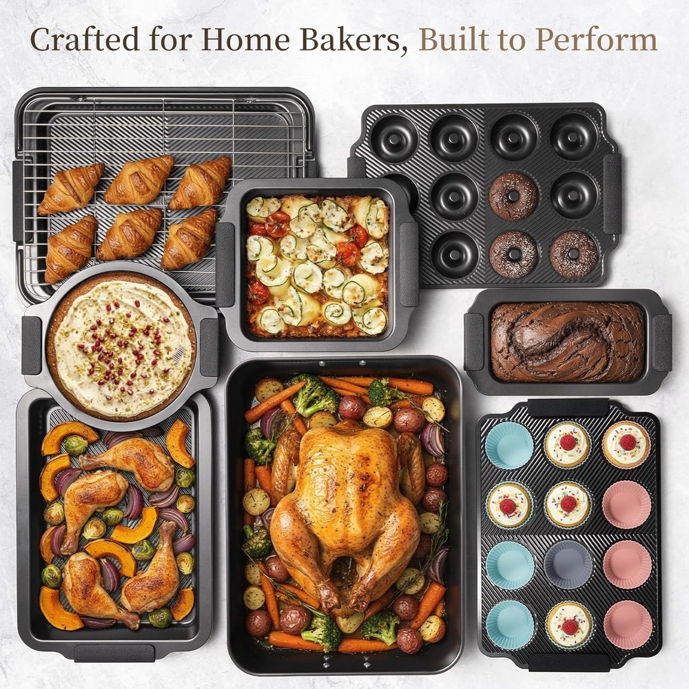 25 PCS Stackable Baking Pans Set Non-stick Bakeware Sets W/ Silicone Handles