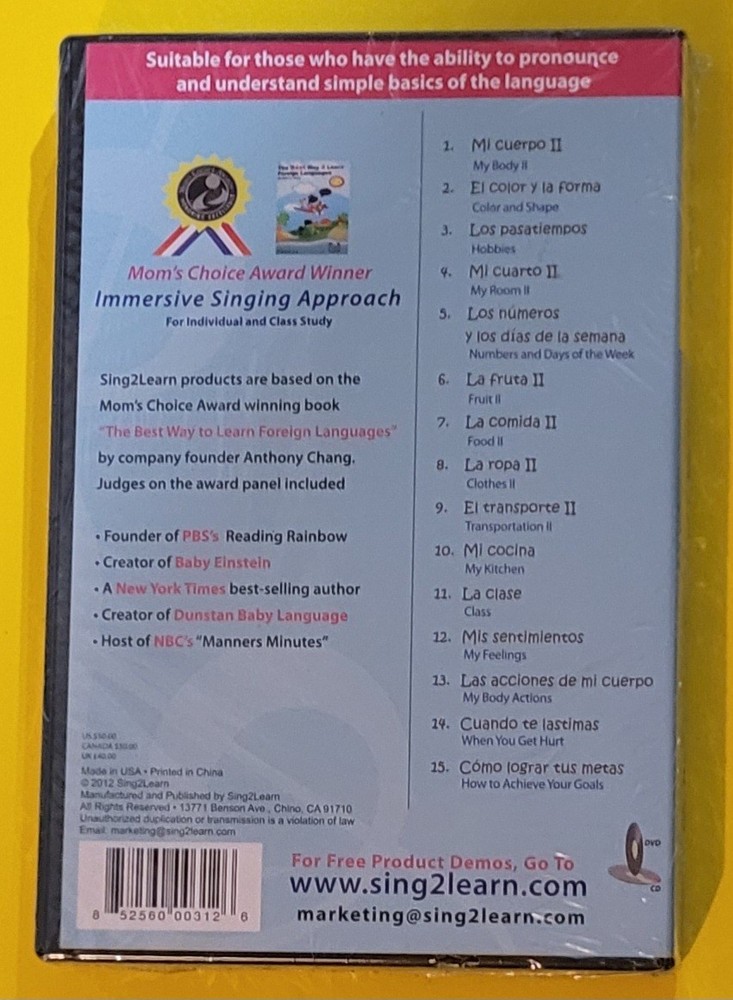 Sing2Learn, Language Learning, Spanish-Intermediate 1 CD/DVD Set- New/Sealed.