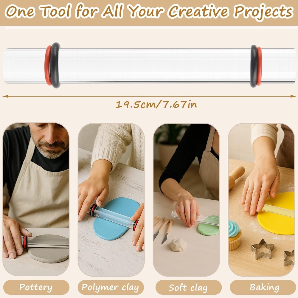 2-Piece Polymer Clay Acrylic Rolling Pin Set – Clear Slab Roller Tools wit
